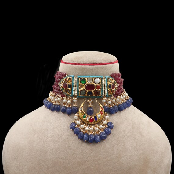 Joyería Collares Collares babero Collar de plata de Navaratna antiguo 925 decorado con 9 piedras preciosas ruby, esmeralda, diamante, granate.. 