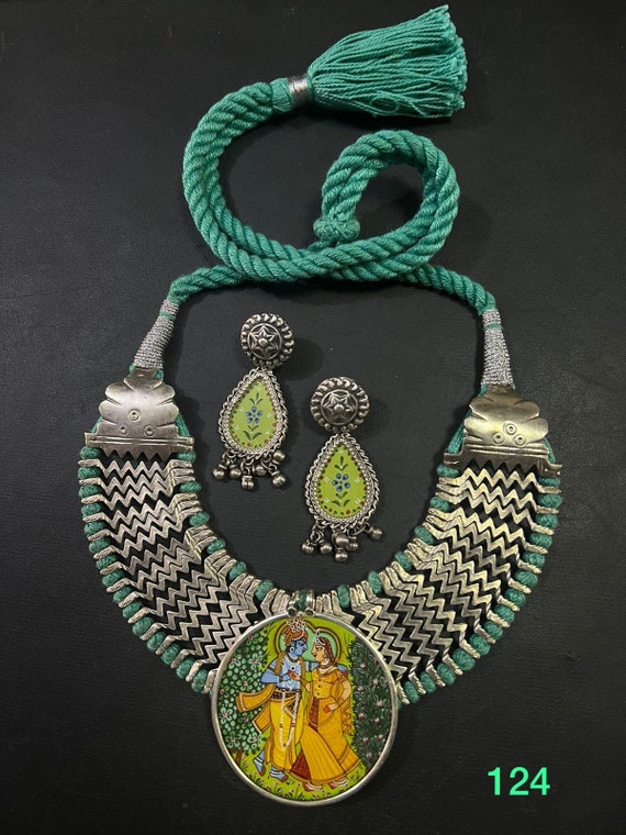 925 Solid silver Earring, Rajasthani traditional Silver Necklace Set With  earring,Antique Hindu God Design Necklace Set ,handicraft Jewelry