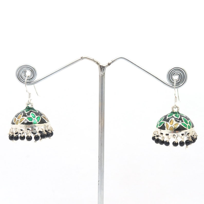 Handmade Tribal Indian Jhumka Earrings with black beads 925 Sterling Silver Jhumka Dangle Earrings with Enamel Meenakari work