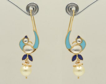 turkoois met blauwe steen oorbellen, zilveren oorknopjes, parelsteen zilveren oorbellen, Indiase oorbellen, zilver vergulde oorbel