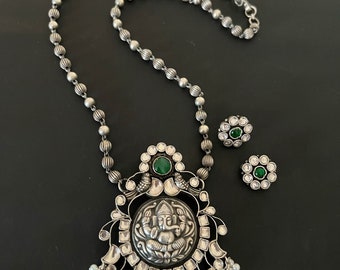 Collana in argento antico, collana di perle con ciondolo in argento sterling 925 con orecchini, collana con ciondolo in argento fatta a mano, catena di gioielli artigianali