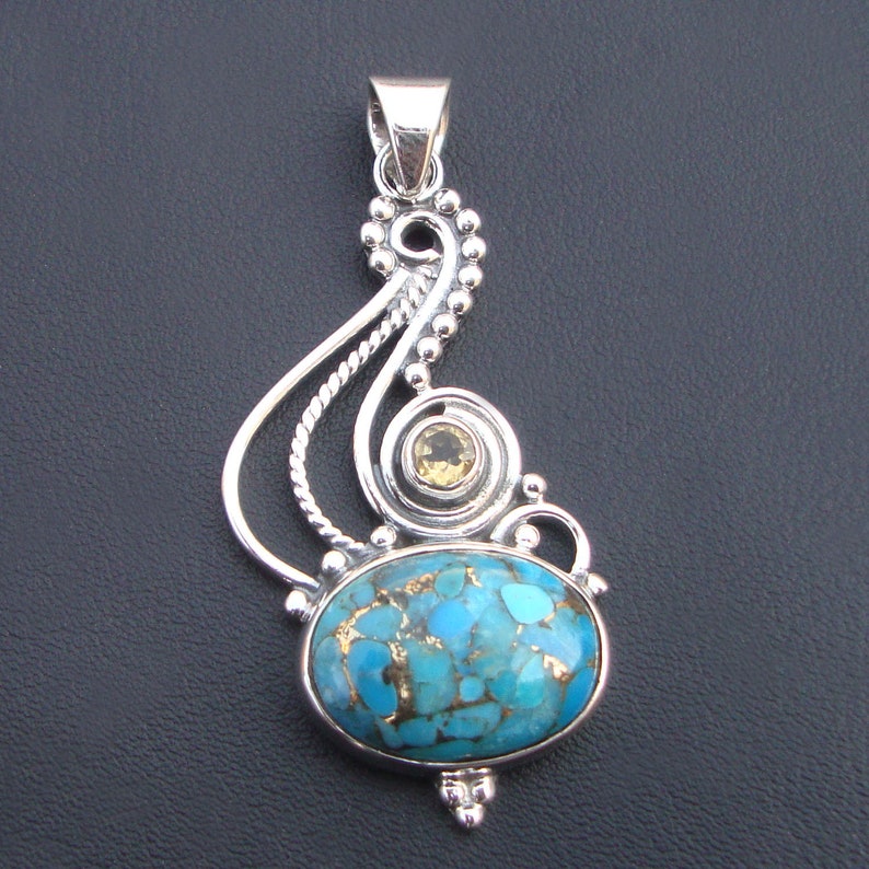 925 Sterling Silver Pendant Gift Pendant Everyday wear Pendant Citrine Pendant Blue Copper Turquoise Pendant Turquoise Pendant