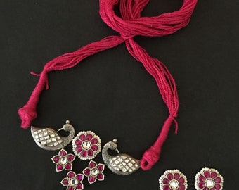 Traditionelle Look Halskette, Indische Pfau Halskette mit Ohrringe Schmuck, 925 Solid Silber Halskette, antike silberne Halskette Frauen Schmuck