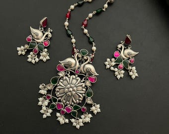 Antique Silver Plated Necklace Earrings Set with Gemstones and Pearls  Traditional Indian Jewelry 68g