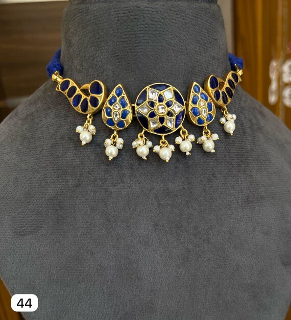 Royal Blue Kundan Choker Necklace Gold Tone Enamel Choker With - Main Image