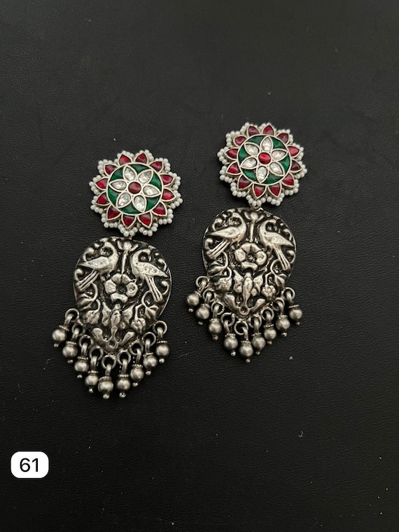 Oxidized Silver Jhumka Earrings With Meenakari Floral Studs - Main Image