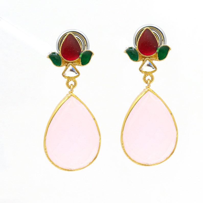 Natural Rose quartz Red , Green Stone Silver earring, 18 K Gold Plated Stud earring, 925 Sterling Silver shops Earring ,Handmade Silver Jewelry