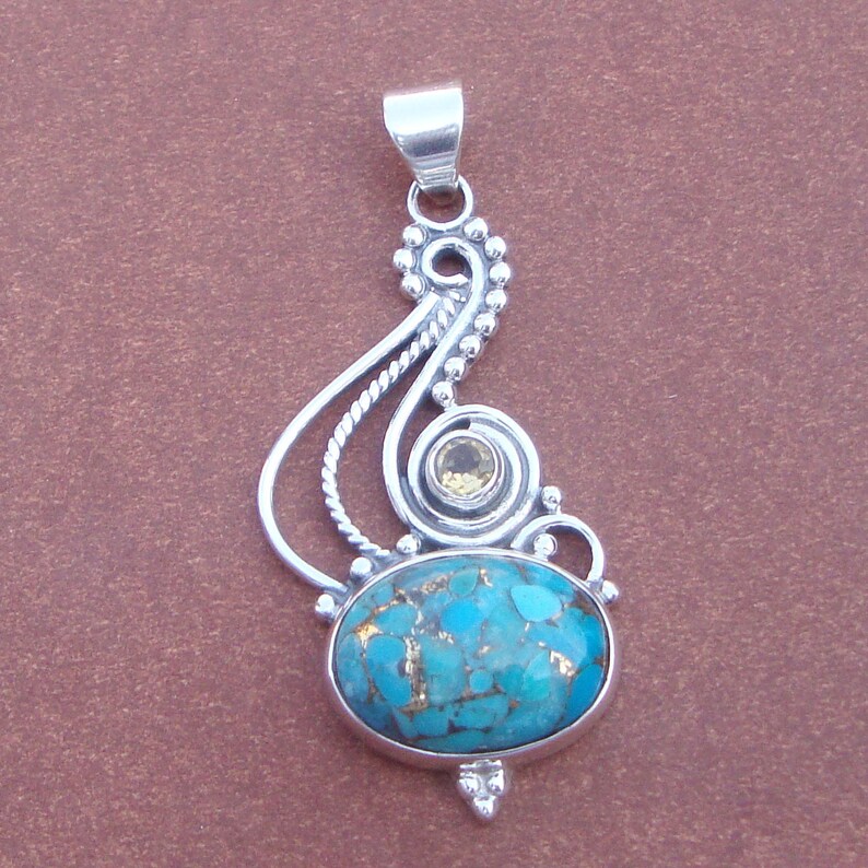 925 Sterling Silver Pendant Gift Pendant Everyday wear Pendant Citrine Pendant Blue Copper Turquoise Pendant Turquoise Pendant
