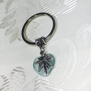 Pot leaf Keychain, Marijuana Keychain, Dangling Keychain, Baby blue and silve, keychain, Cat eye gemstone Keychain, Metal Keychain ring