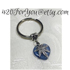 Pot leaf Keychain, Marijuana Keychain, Dangling Keychain, Blue and silve, keychain, Cat eye gemstone Keychain, Metal Keychain ring