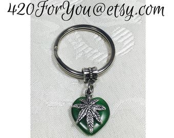 Pot leaf Keychain, Marijuana Keychain, Dangling Keychain, Green and silve, keychain, Cat eye gemstone Keychain, Metal Keychain ring