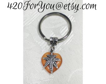 Pot leaf Keychain, Marijuana Keychain, Dangling Keychain, Orange and silve, keychain, Cat eye gemstone Keychain, Metal Keychain ring