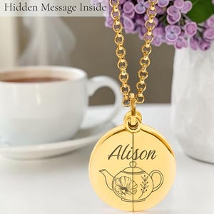 Personalized tea pot necklace with engraved name and Hidden Message, Engraved Circle Pendant, Custom Necklace Gift for Her