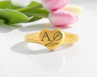 Tulip Ring, Gold Flower Ring with Initial, Minimalist Tulip Jewelry, Dainty Floral Ring, Personalized Gifts for Her, Cute Jewelry