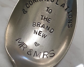 hand stamped wedding spoon congratulations to the brand new mr and mrs
