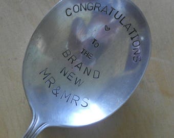 hand stamped wedding spoon congratulations to the brand new mr and mrs