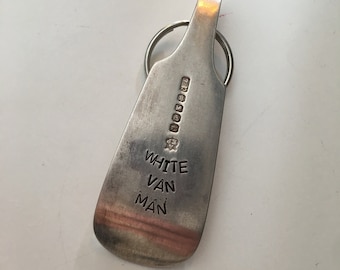 Hand stamped cutlery car key ring white van man