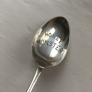 Hand stamped silver plate dessert spoon honey monster