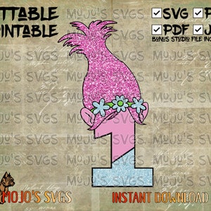 Mohn von Trolls 1. Geburtstag SVG, Mohn 1. Geburtstag Mädchen Clipart, druckbare PNG Hintergrund, Mohn von Trolls Design PDF