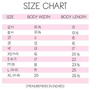 May include: Size chart for clothing with measurements in inches. The chart shows sizes from 12 months to extra large, with corresponding body width and body length measurements.