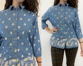 90s Floral Print Denim Shirt Small - Vintage Light Wash Denim Jean 3 4 Sleeve Button Up Shirt Flower Print 1990s Small S