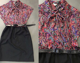 VTG 70s Secretary Ascot Dress Psychedelic Paisley Cap Sleeve Button Down Belted Elastic Waist 1970s Vintage Large L Extra Large XL
