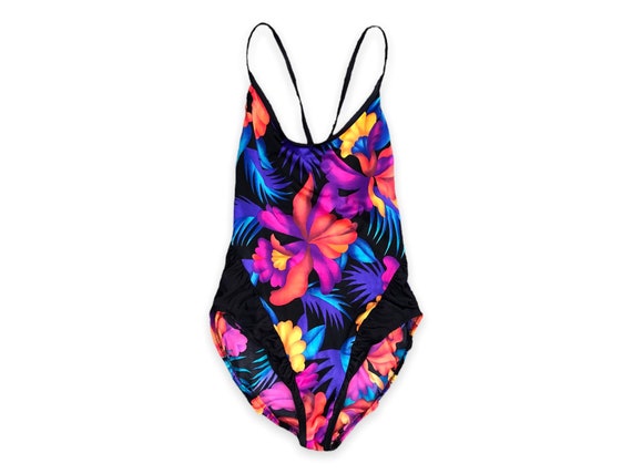 VTG 70s Neon Floral Print One Piece Swimsuit with… - image 1