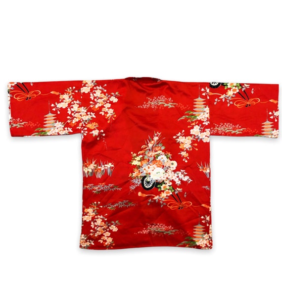 VTG 80s Japanese Red Satin Floral Print Kimono Ro… - image 4