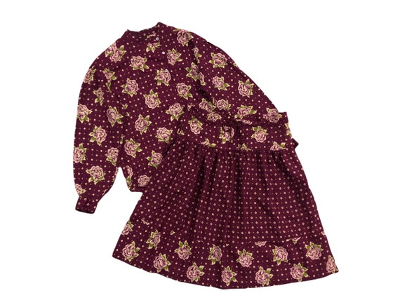 VTG 80s Espirit Two Piece Skirt Set Burgundy Flor… - image 1