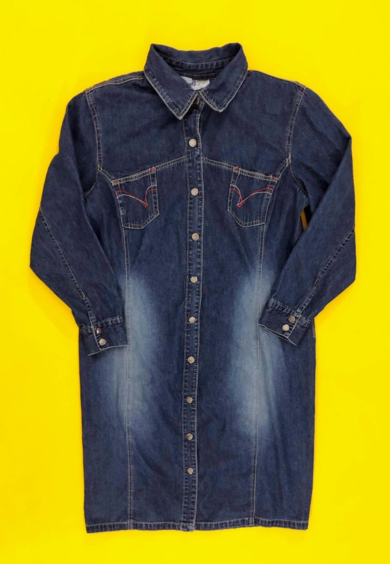 VTG 90s Denim Shirt Dress Dark Wash Denim Faded J… - image 2