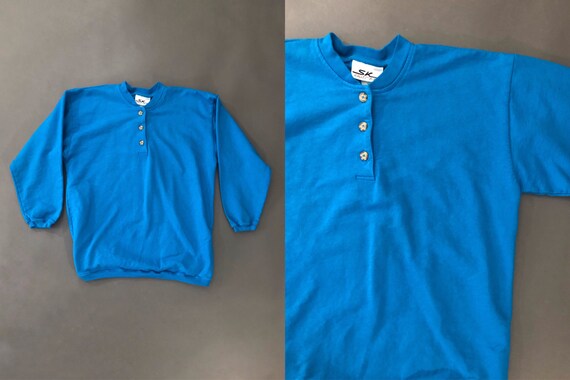ShopNastyUSA Vtg 90s Blue Henley Sweatshirt Long Sleeve 1990s Vintage Medium M Large L XL