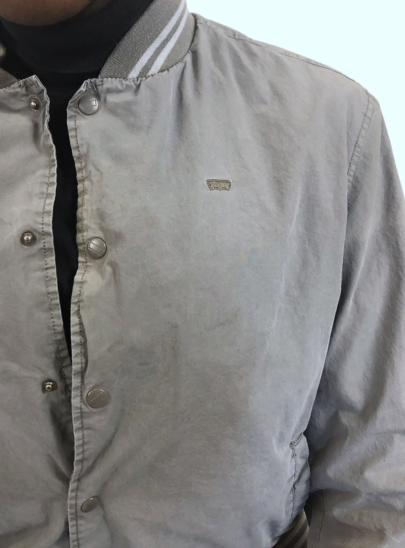 Y2K Levi\u2019s Gray Stripe Trim Snap Button Varsity Jacket Plain 2000s Extra Large XL
