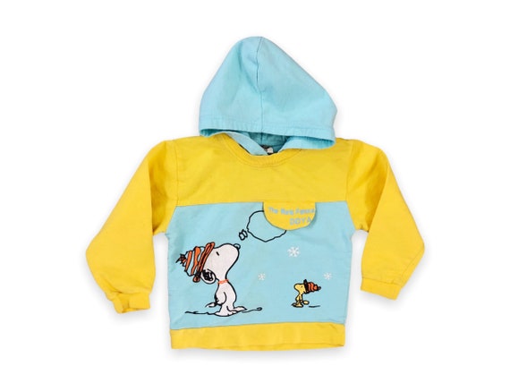 VTG 80s Charlie Brown Kids 4T Color Block Hoodie Snoopy \u0026 Woodstock Graphic Blue Yellow 1980s Vintage