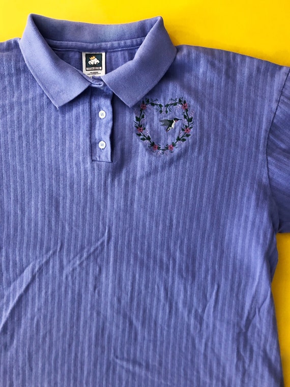 Vintage 90/'s Blue Floral Hummingbird Embroidered Short Sleeve Knit Top