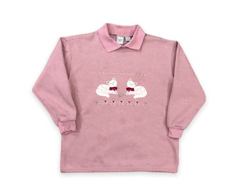 VTG 90s Pink Cat Embroidered Collared Sweatshirt Pullover Boho Cute 1990s Vintage Boundary Waters Women’s Medium M