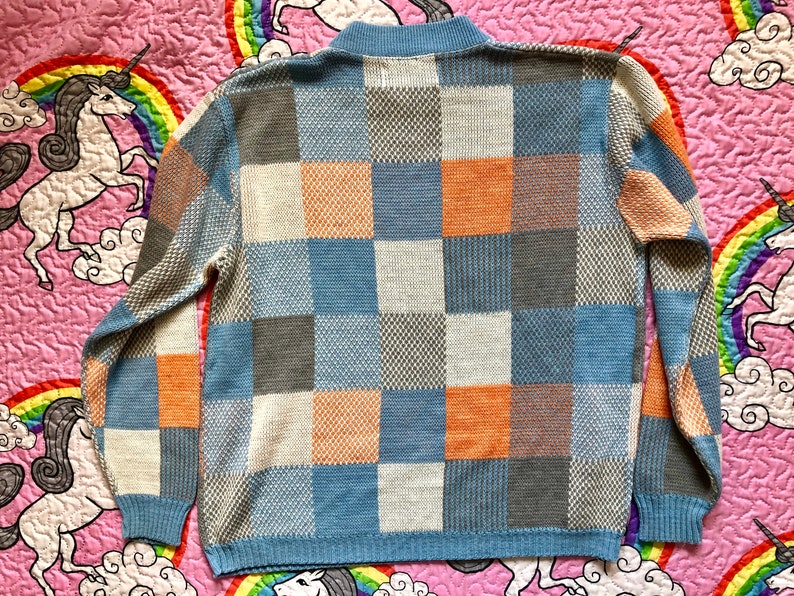 Vintage Blue Peach White Grey Long Sleeve Knit Sweater Retro Boho 1980s Large L 80s Colorblock Mock Neck Sweater Large