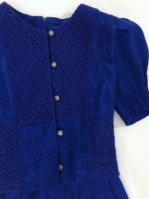 VTG 80s Blue Layered Midi Dress Short Puff Sleeve… - image 3