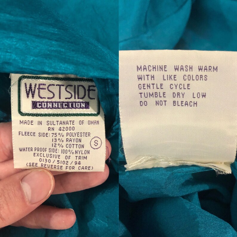 VTG 90s Reversible Teal Nylon Windbreaker Snap Button Gray Fleece Triangle Print Velcro Pocket 1990s Vintage Small S Medium M Large L XL