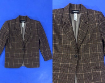 VTG 90er Jahre Wolle Karierter Blazer Einknopfverschluss Komplett gefüttert 1990er Jahre Vintage Medium M