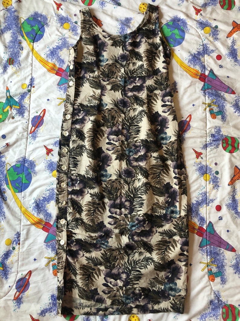 VTG 1990s Grunge Floral Linen Midi Jumper Dress Sleeveless Button Up 90s Medium M