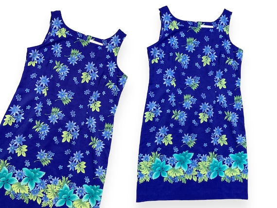 VTG 90s Blue Boho Floral Print Sleeveless Shift D… - image 1