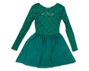 VTG 90s Emerald Green Cut Out Lace Bodice Long Sleeve Babydoll Dress Vintage 1990s Mystic Small S