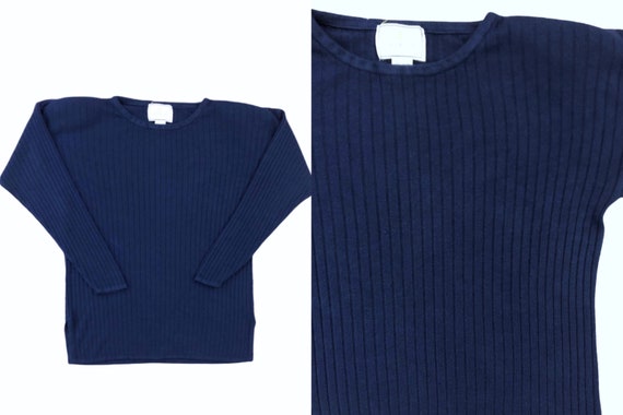 VTG 90s Express Tricot Blue Ribbed Pullover Knit … - image 1