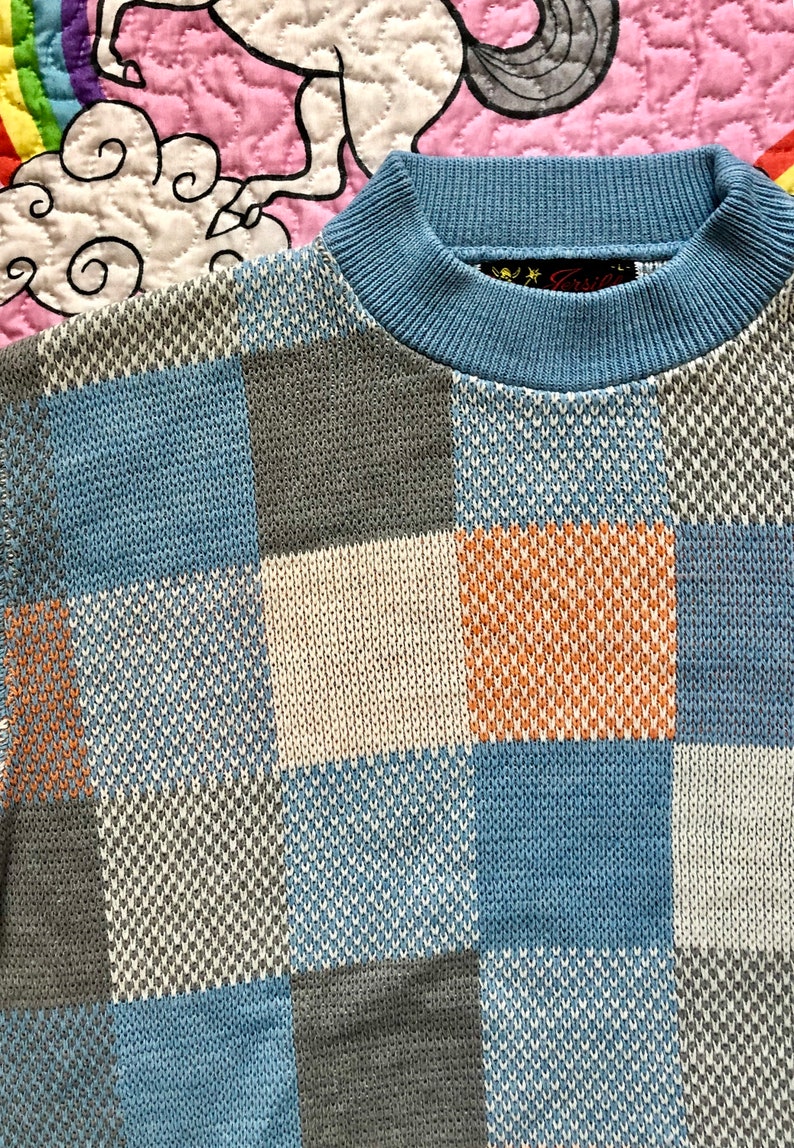 Vintage Blue Peach White Grey Long Sleeve Knit Sweater Retro Boho 1980s Large L 80s Colorblock Mock Neck Sweater Large
