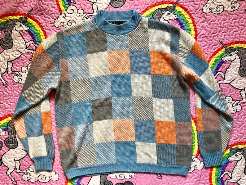 Vintage Blue Peach White Grey Long Sleeve Knit Sweater Retro Boho 1980s Large L 80s Colorblock Mock Neck Sweater Large