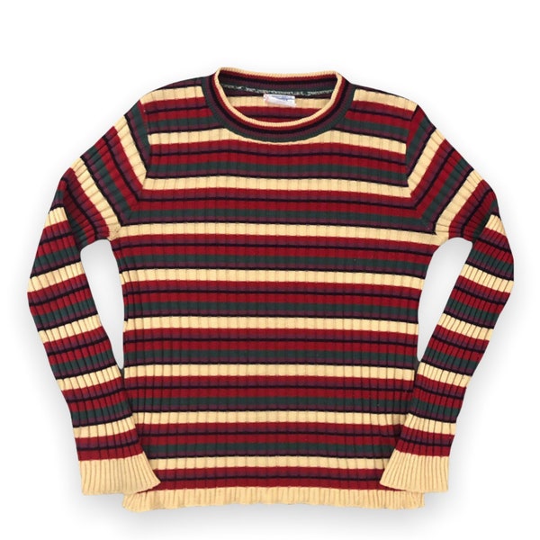 VTG 70s Sears Striped Ribbed Knit Long Sleeve Sweater Tan Red Gray Black 1970s Vintage Medium M