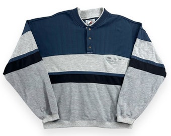 VTG 90s Men’s Color Block Striped Henley Neck Sweatshirt Top Vintage 1990s Greenline International Large L