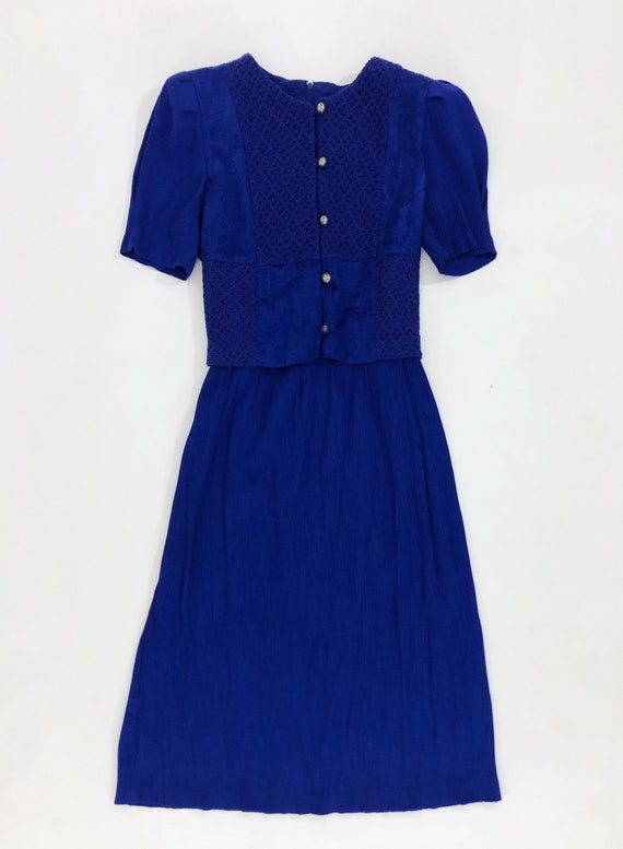 VTG 80s Blue Layered Midi Dress Short Puff Sleeve… - image 2
