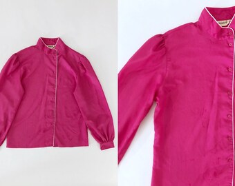 VTG 70s Puff Sleeve Blouse Long Sleeve Bubblegum Pink Button Down Shirt Blouseworks 1970s vintage Medium M