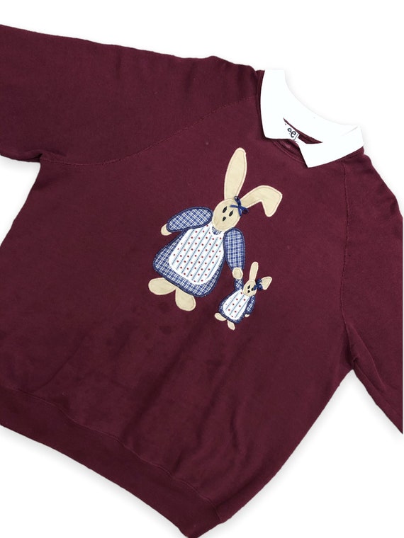 VTG 90s Plus Size Maroon Bunny Rabbit Embroidered… - image 2